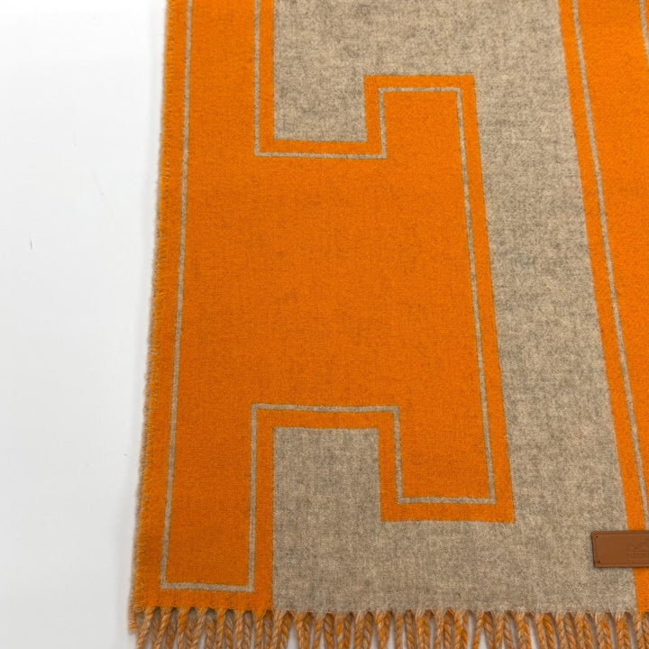 Excellent HERMES Scarf Muffler Cre Do H Leather logo patch with fringe cashmere