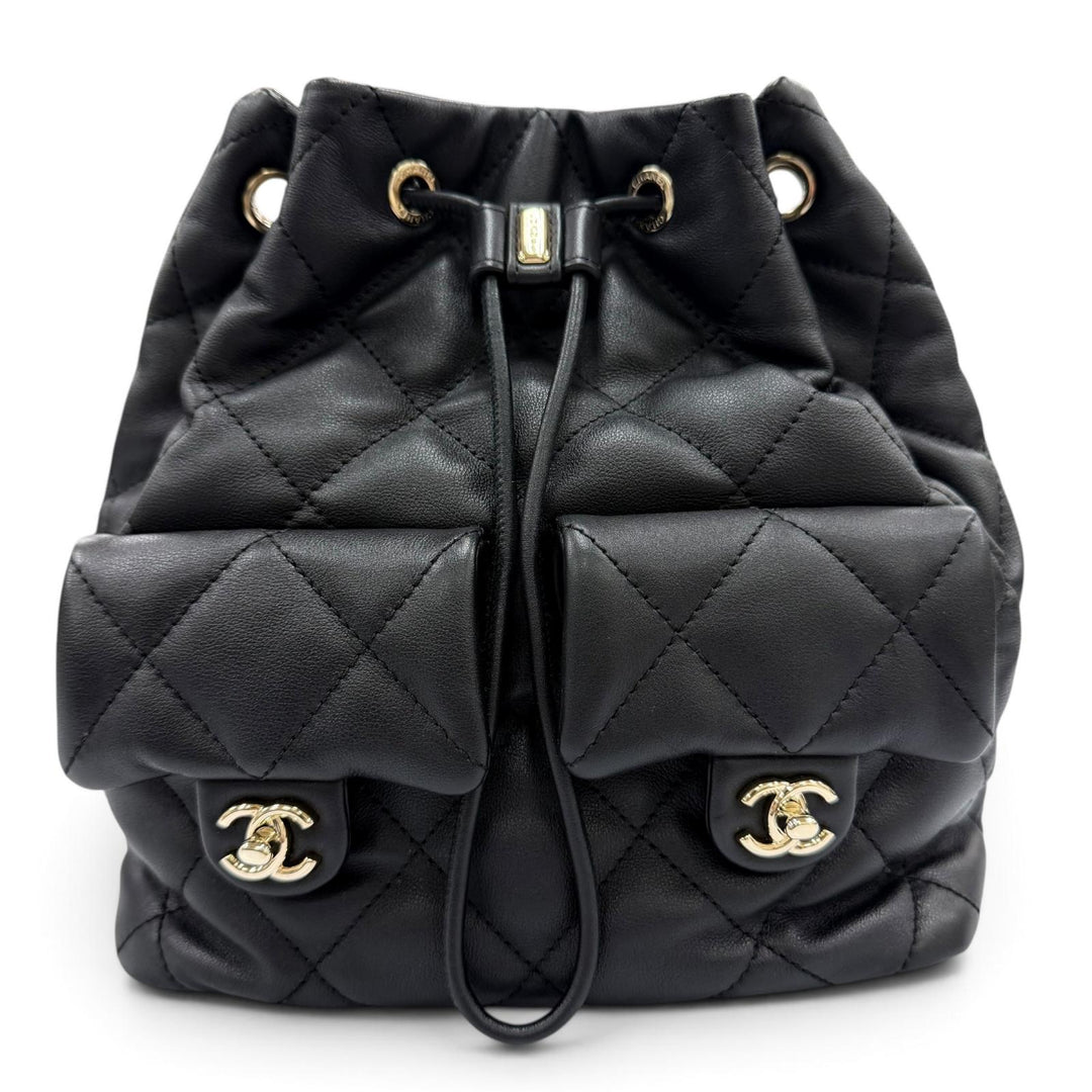 Excellent CHANEL Matelassé COCO Mark Two-Pocket Calfskin Backpack black AS4342