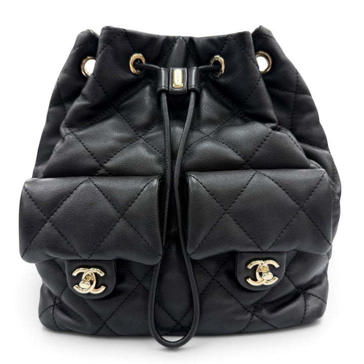Excellent CHANEL Matelassé COCO Mark Two-Pocket Calfskin Backpack black AS4342