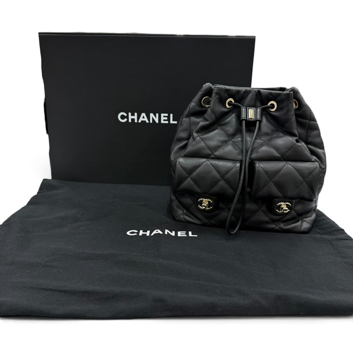 Excellent CHANEL Matelassé COCO Mark Two-Pocket Calfskin Backpack black AS4342