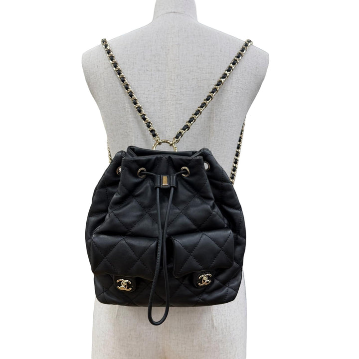 Excellent CHANEL Matelassé COCO Mark Two-Pocket Calfskin Backpack black AS4342