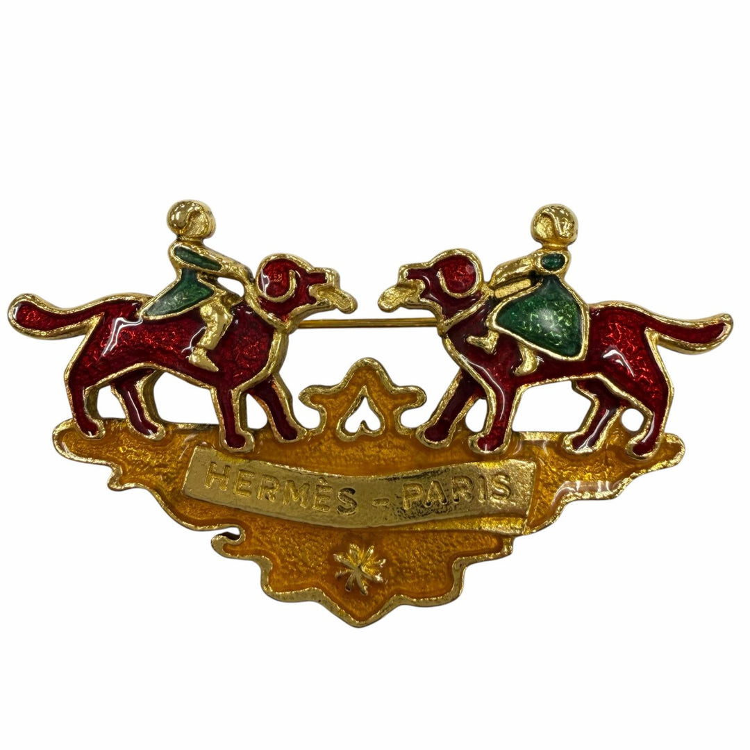 Great HERMES Brooch Cloisonné enamel painting of a girl and a dog gold metal