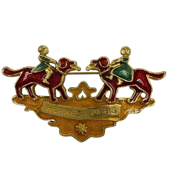 Great HERMES Brooch Cloisonné enamel painting of a girl and a dog gold metal