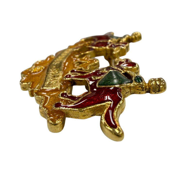 Great HERMES Brooch Cloisonné enamel painting of a girl and a dog gold metal