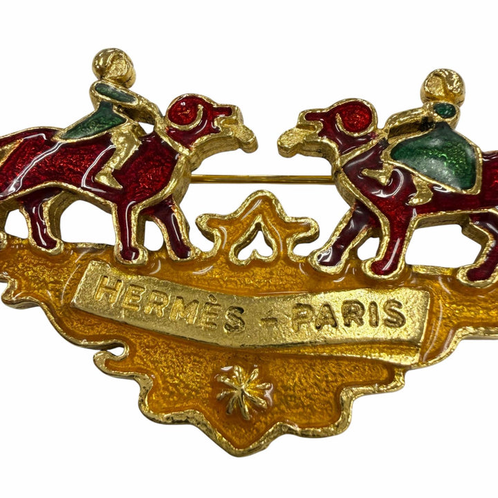 Great HERMES Brooch Cloisonné enamel painting of a girl and a dog gold metal