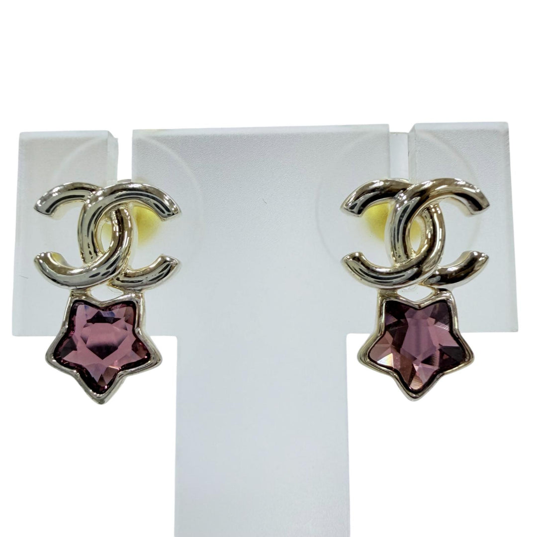 Great CHANEL Pierce COCO Mark Star Crystal Accessories Silver ー Women B25P
