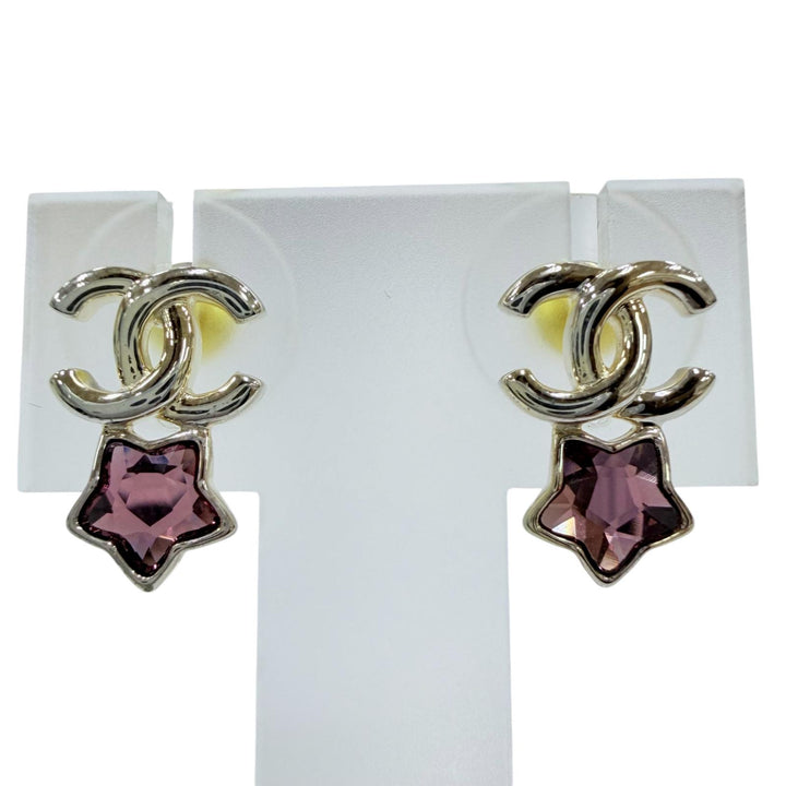 Great CHANEL Pierce COCO Mark Star Crystal Accessories Silver ー Women B25P
