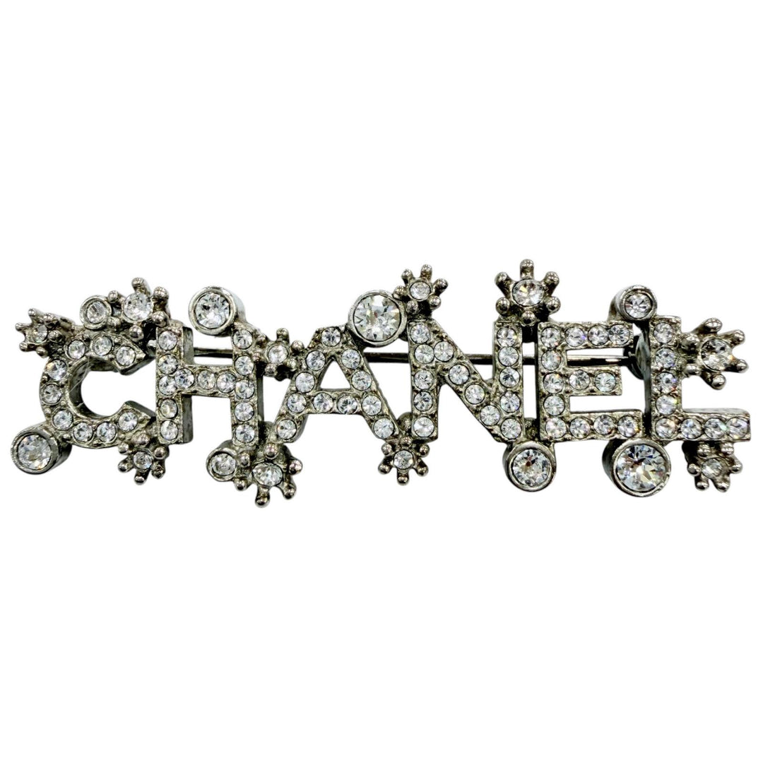 Great CHANEL Brooch CHANEL logo rhinestones Silver metal Women F23P