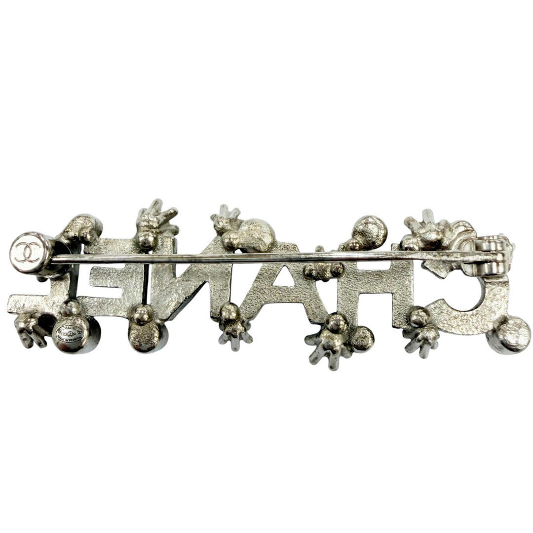 Great CHANEL Brooch CHANEL logo rhinestones Silver metal Women F23P