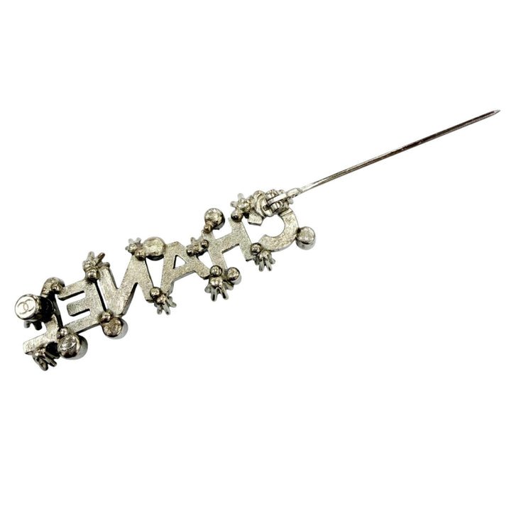 Great CHANEL Brooch CHANEL logo rhinestones Silver metal Women F23P