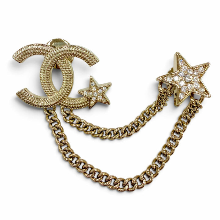 Great CHANEL Brooch COCO Mark Star Chain Rhinestone gold metal Women B25B