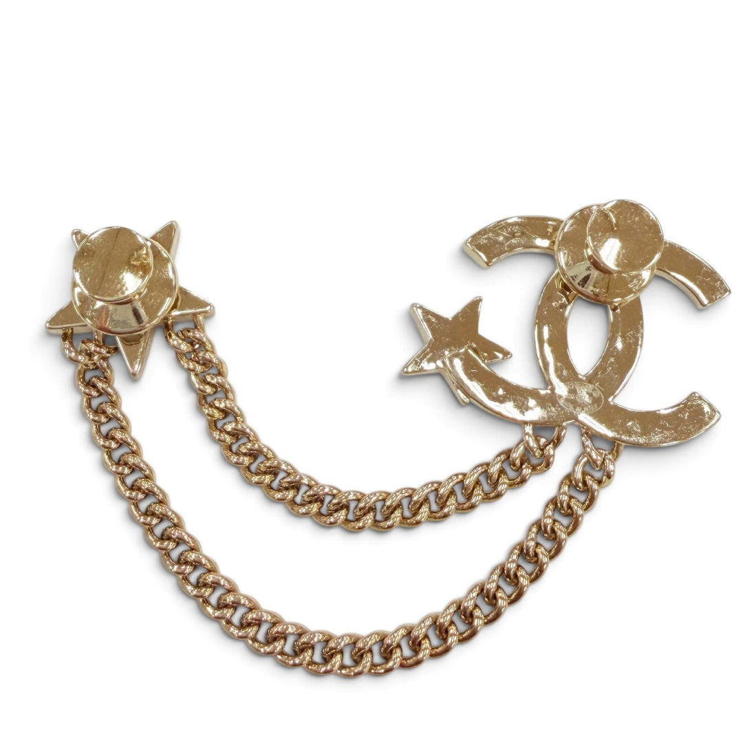 Great CHANEL Brooch COCO Mark Star Chain Rhinestone gold metal Women B25B