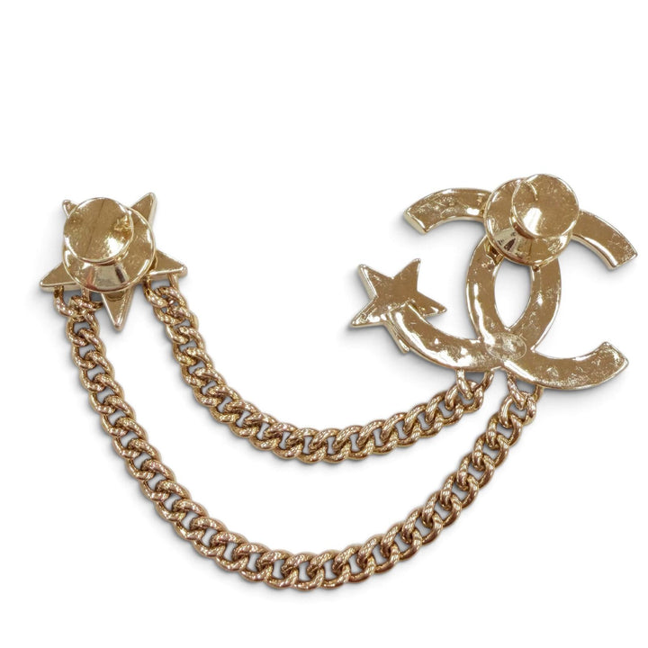 Great CHANEL Brooch COCO Mark Star Chain Rhinestone gold metal Women B25B