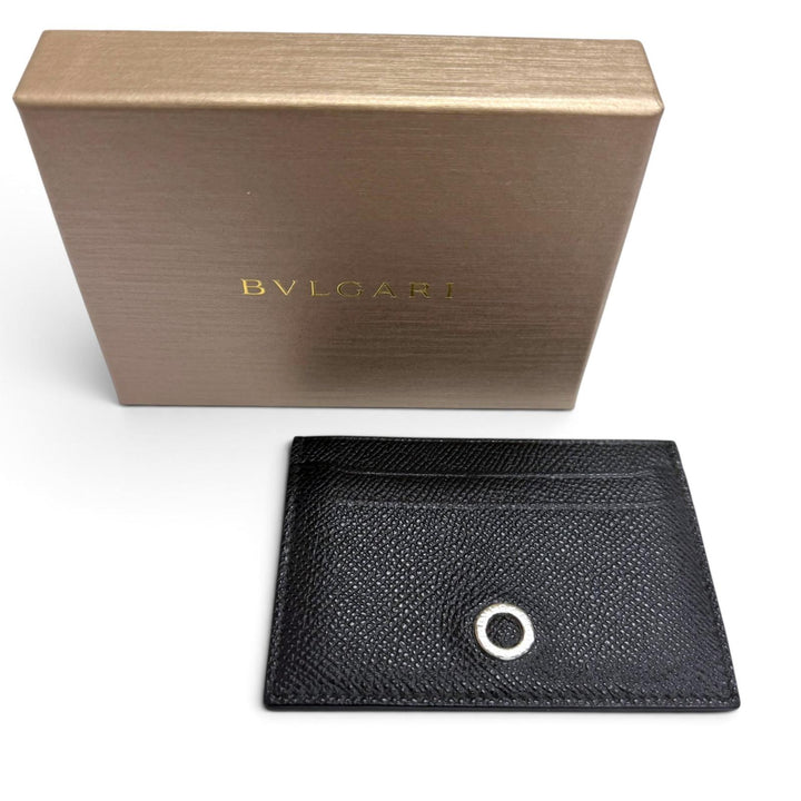 Great BVLGARI Card Case Pass Case Card Case black Grain leather mens 30405