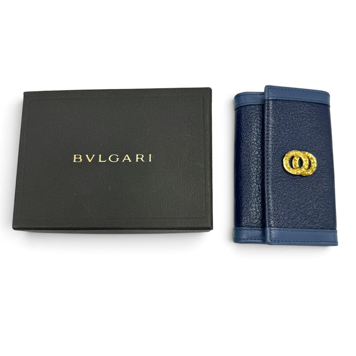 Excellent BVLGARI Key holder Doppio tondo six hooks Navy leather mens
