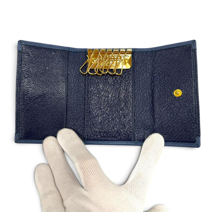 Excellent BVLGARI Key holder Doppio tondo six hooks Navy leather mens