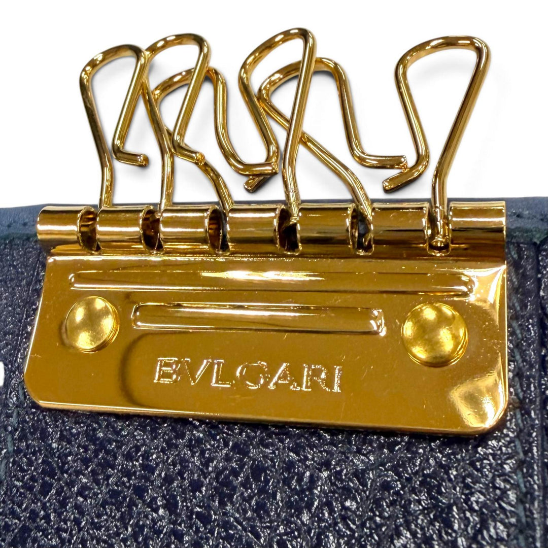 Excellent BVLGARI Key holder Doppio tondo six hooks Navy leather mens