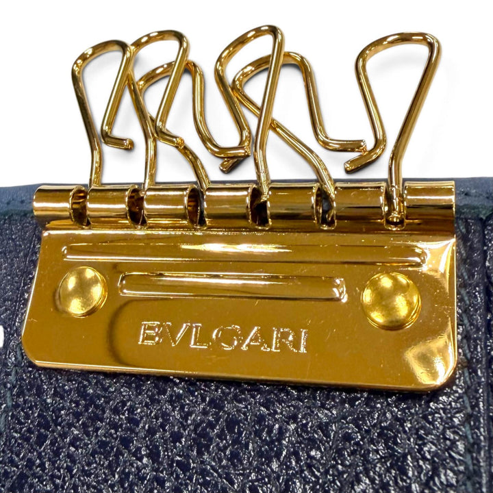 Excellent BVLGARI Key holder Doppio tondo six hooks Navy leather mens