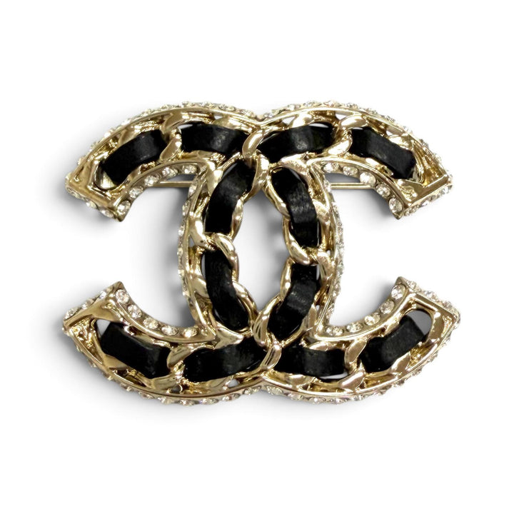 Excellent CHANEL Brooch COCO Mark Lamb Leather Rhinestone Strass black B23P