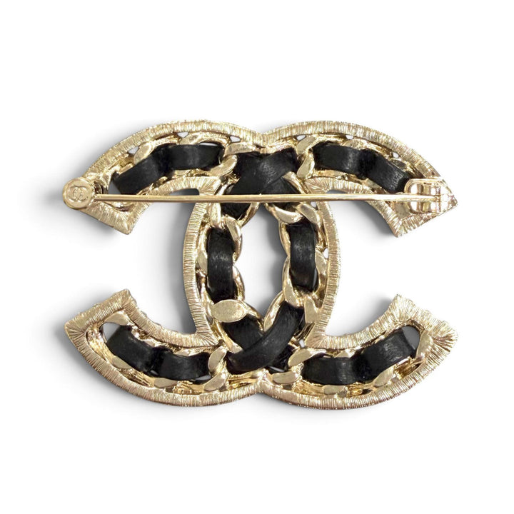 Excellent CHANEL Brooch COCO Mark Lamb Leather Rhinestone Strass black B23P