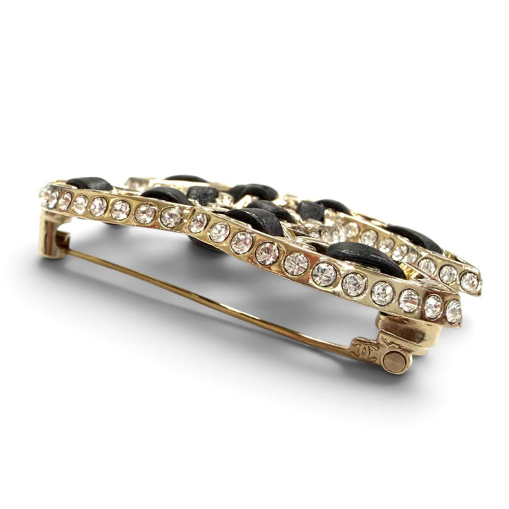 Excellent CHANEL Brooch COCO Mark Lamb Leather Rhinestone Strass black B23P