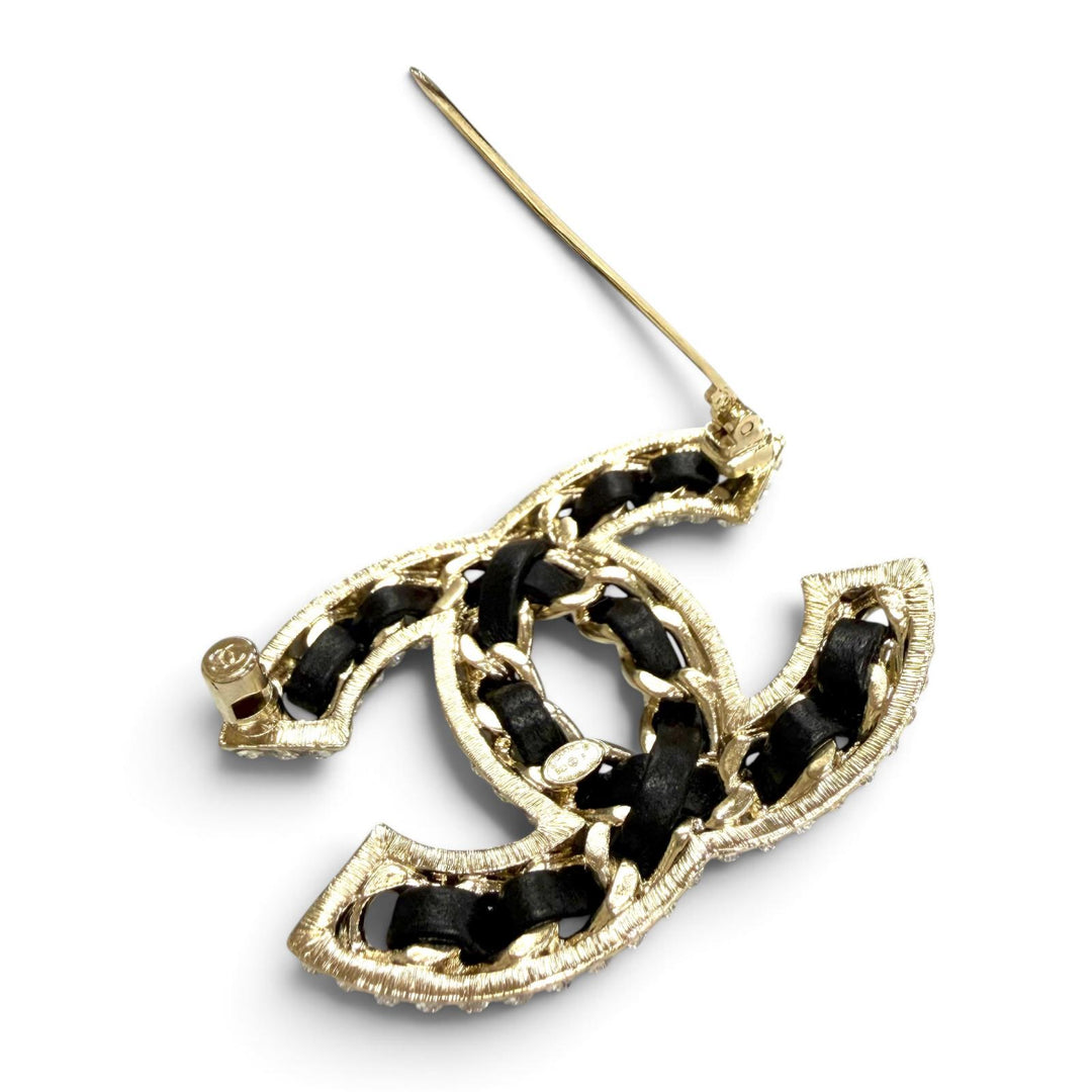 Excellent CHANEL Brooch COCO Mark Lamb Leather Rhinestone Strass black B23P