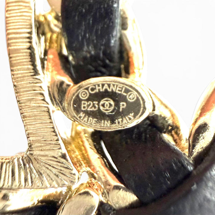 Excellent CHANEL Brooch COCO Mark Lamb Leather Rhinestone Strass black B23P