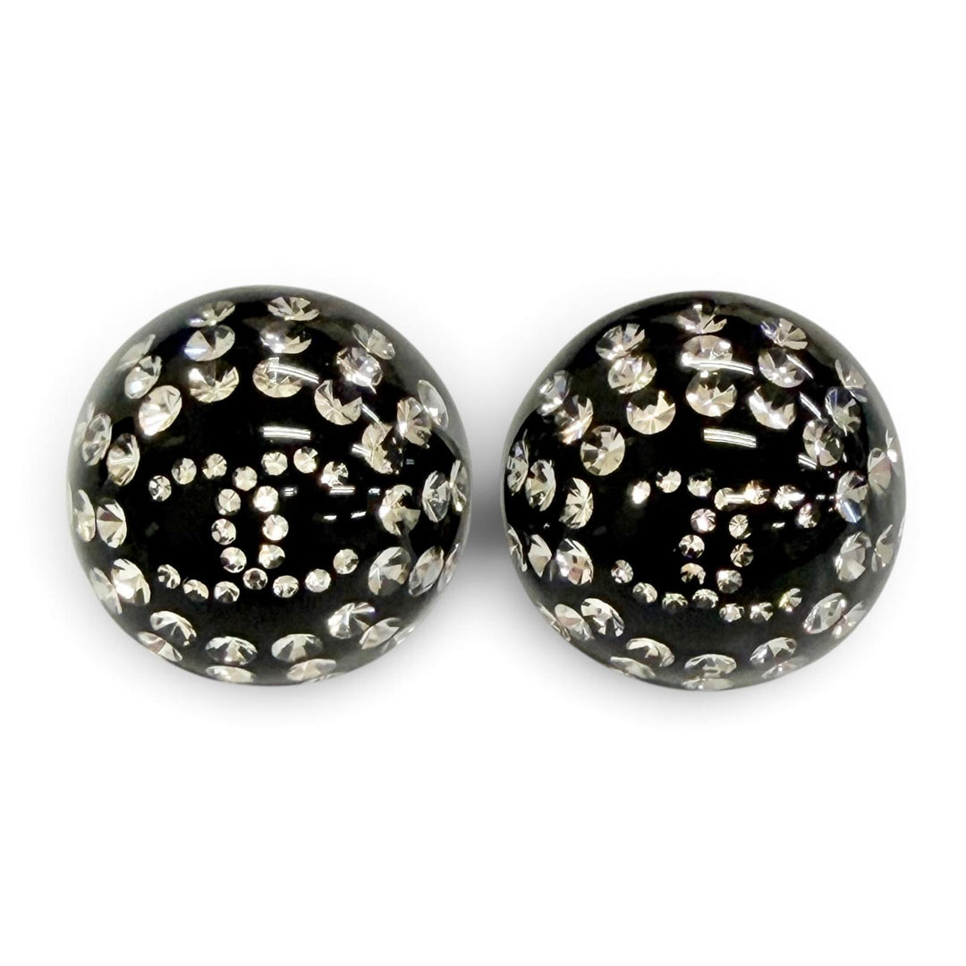 Excellent CHANEL COCO Mark Crystal Rhinestone Monotone Stud Earrings black D26A