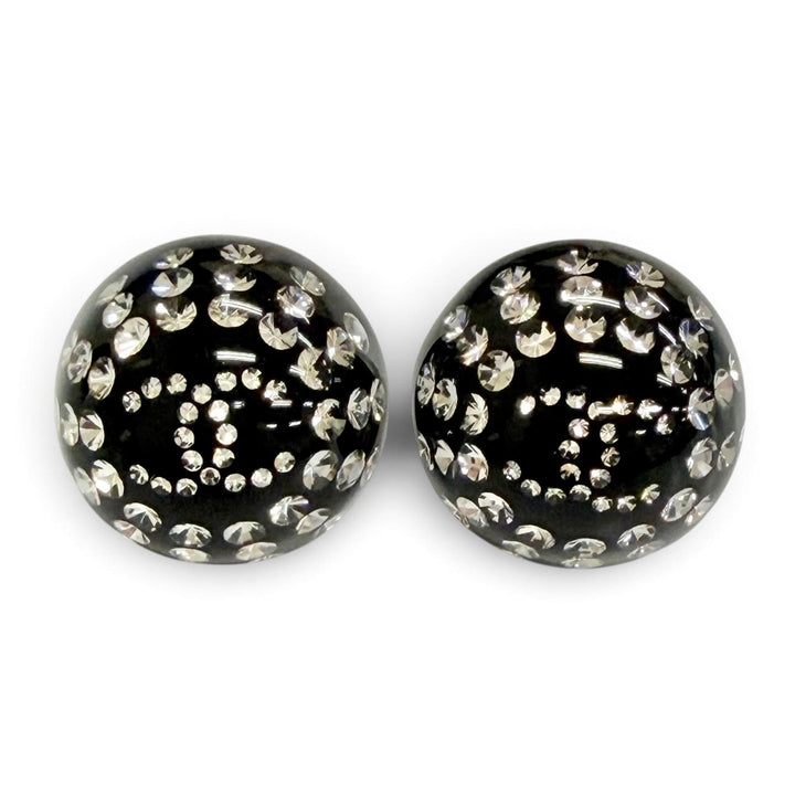 Excellent CHANEL COCO Mark Crystal Rhinestone Monotone Stud Earrings black D26A