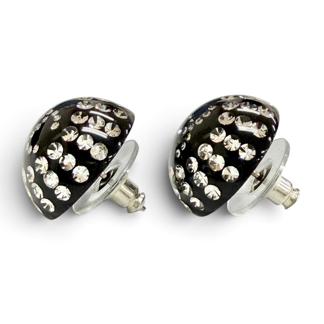 Excellent CHANEL COCO Mark Crystal Rhinestone Monotone Stud Earrings black D26A