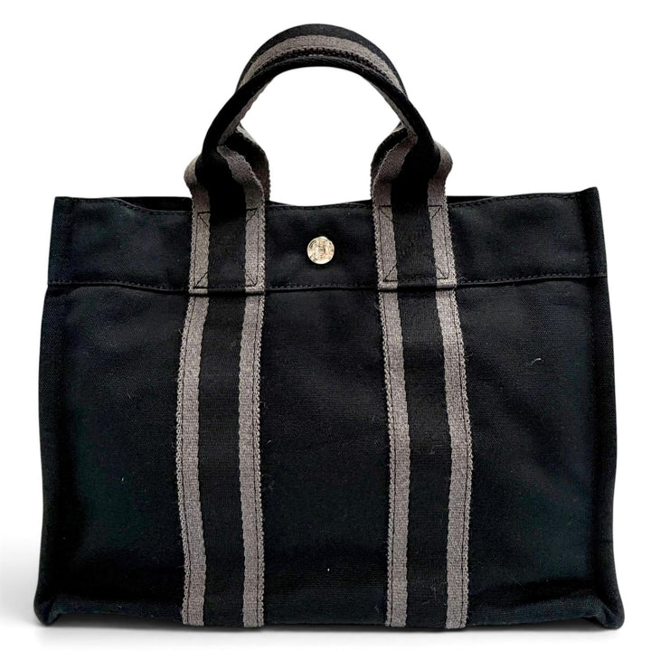 Excellent HERMES Handbag Fool Toe Sellier Button Canvas Handbag Tote Bag black