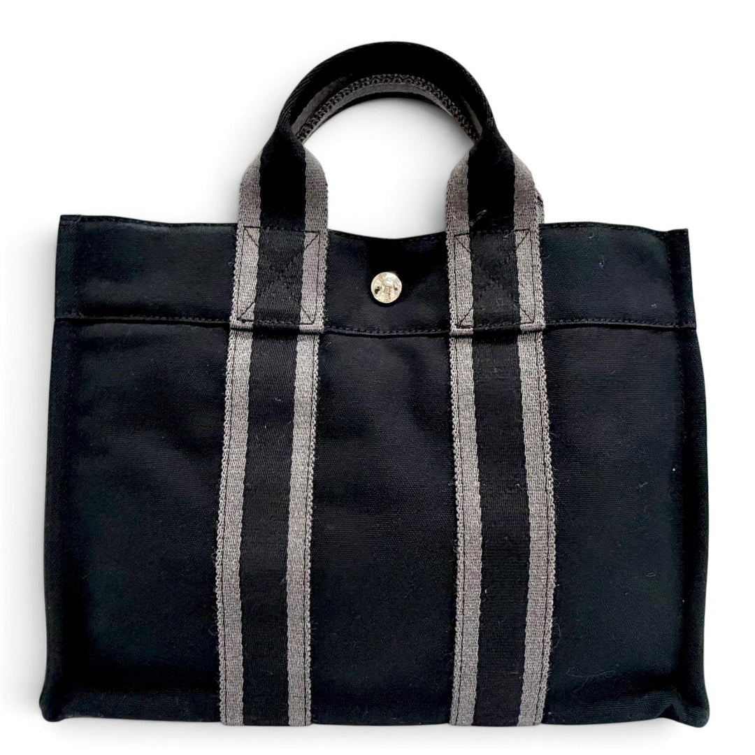 Excellent HERMES Handbag Fool Toe Sellier Button Canvas Handbag Tote Bag black
