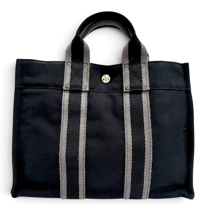 Excellent HERMES Handbag Fool Toe Sellier Button Canvas Handbag Tote Bag black