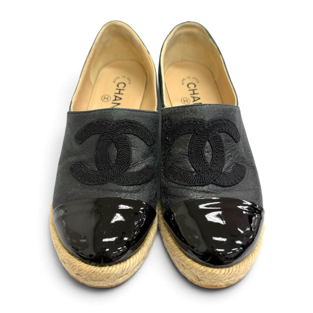 Great CHANEL Sandals COCO Mark Crack Espadrille Wedge Sandals black 37 G34659