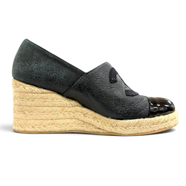 Great CHANEL Sandals COCO Mark Crack Espadrille Wedge Sandals black 37 G34659