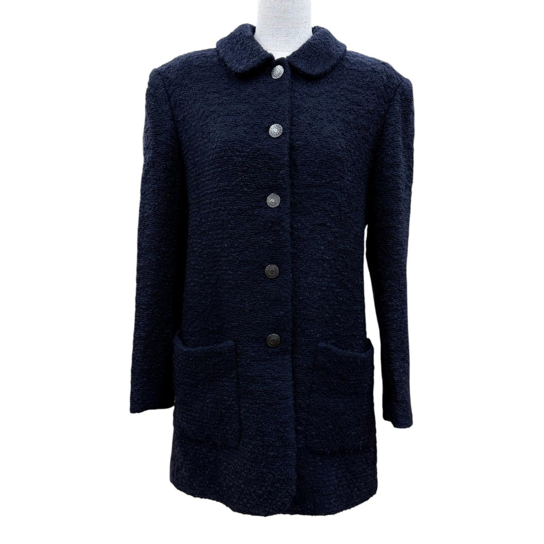 Great CHANEL coat COCO Mark Button Tweed Navy wool Women 38 97A P09254