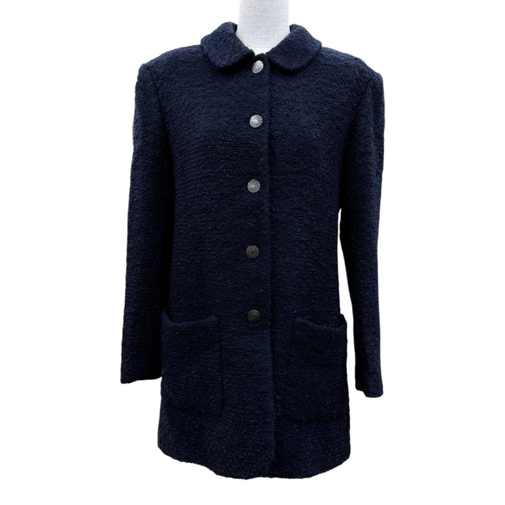 Great CHANEL coat COCO Mark Button Tweed Navy wool Women 38 97A P09254