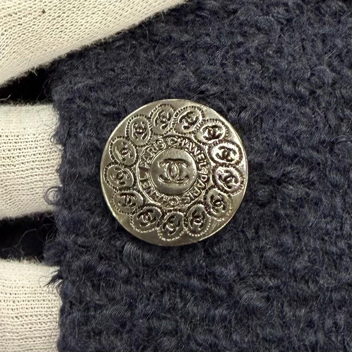Great CHANEL coat COCO Mark Button Tweed Navy wool Women 38 97A P09254