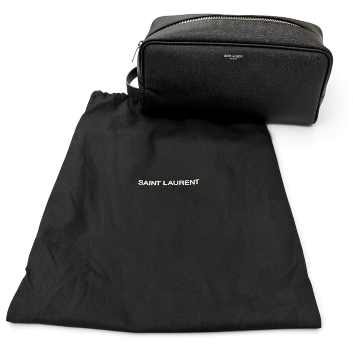 Excellent SAINT LAURENT PARIS Clutch bag Logo travel pouch black Grain calf
