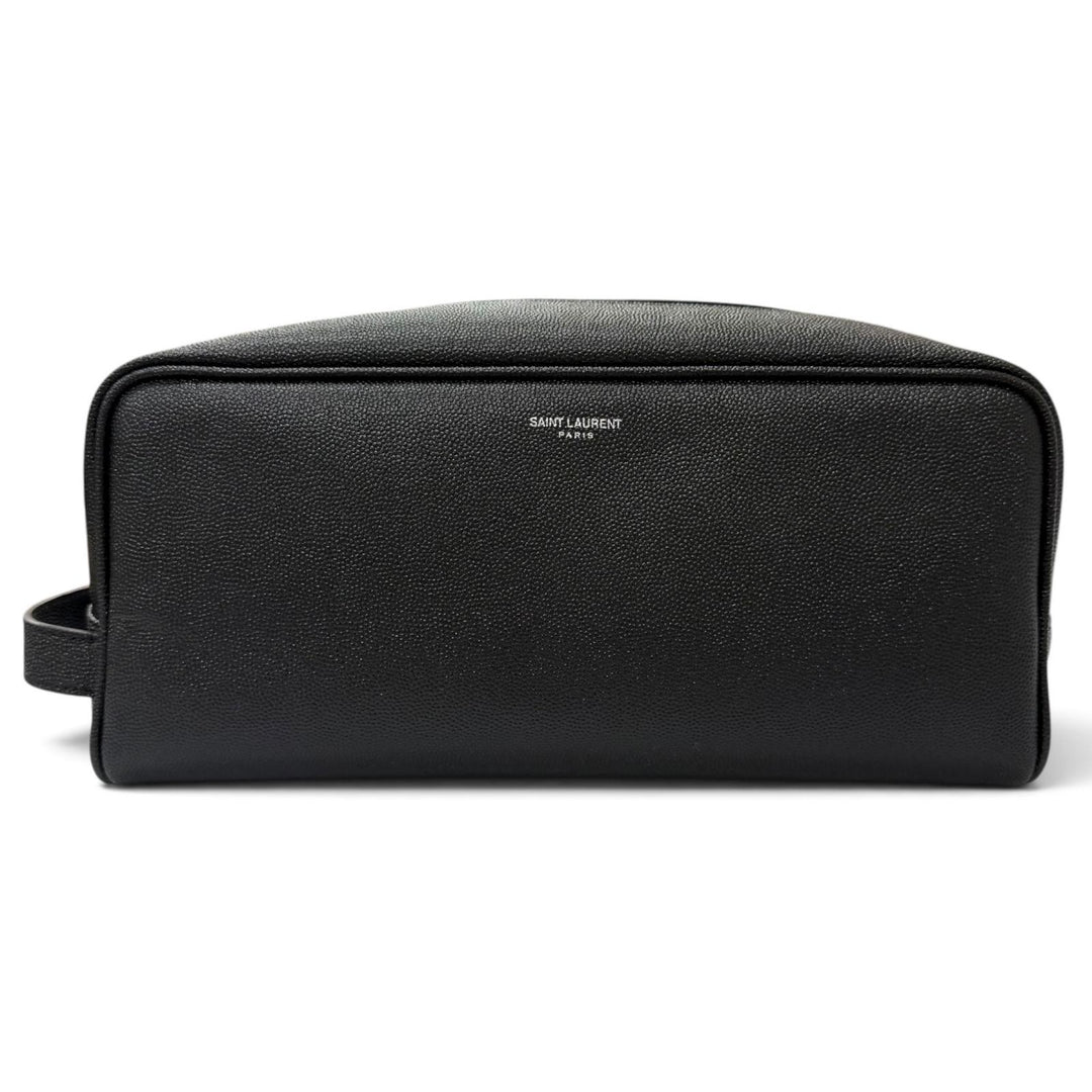 Excellent SAINT LAURENT PARIS Clutch bag Logo travel pouch black Grain calf