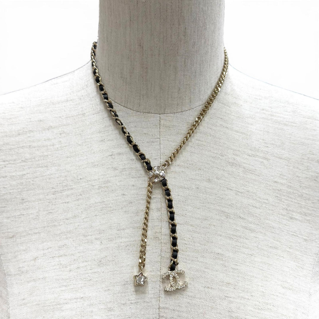 Great CHANEL Necklace COCO Mark Leather Star Clover Chain gold I25B ABG287