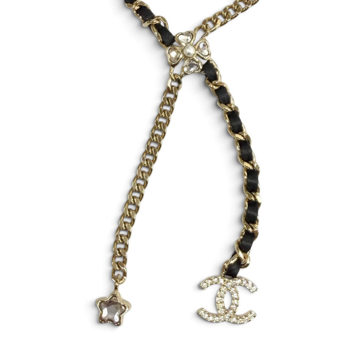 Great CHANEL Necklace COCO Mark Leather Star Clover Chain gold I25B ABG287