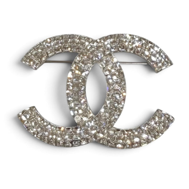 Excellent CHANEL Brooch COCO Mark rhinestone Silver Women B16S