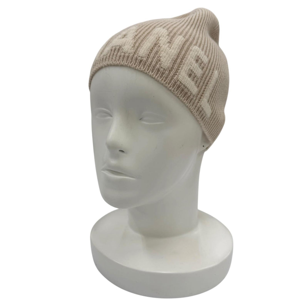 Excellent CHANEL Knit cap Logo Rib Knit Beanie beige cashmere Women