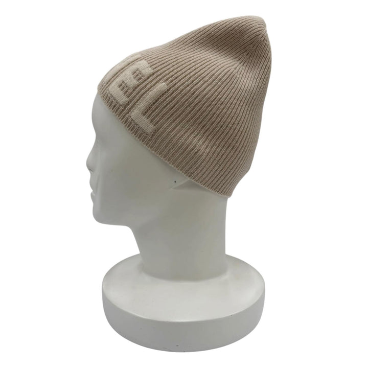 Excellent CHANEL Knit cap Logo Rib Knit Beanie beige cashmere Women