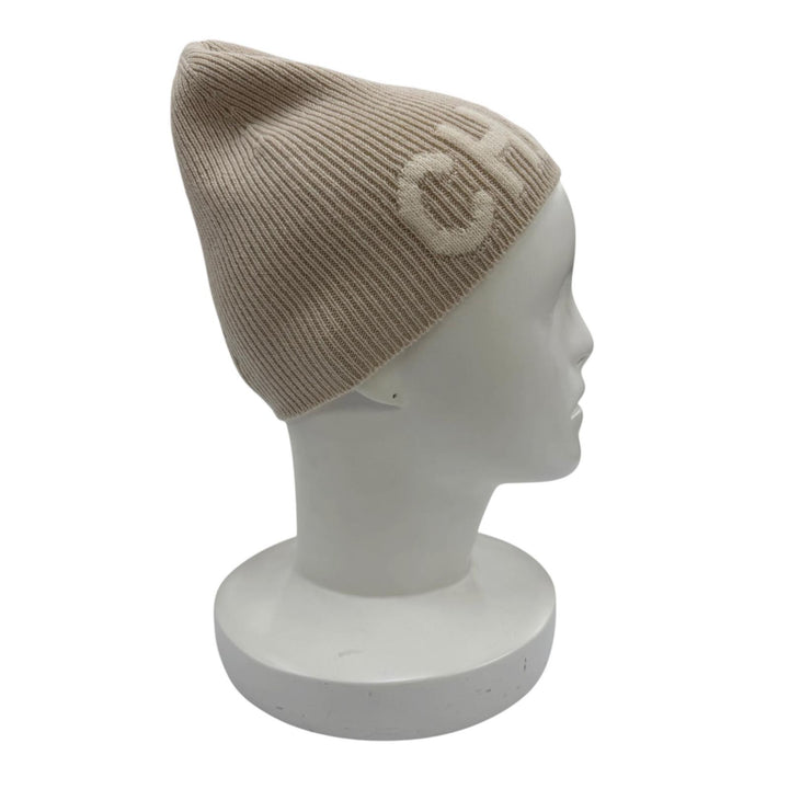 Excellent CHANEL Knit cap Logo Rib Knit Beanie beige cashmere Women