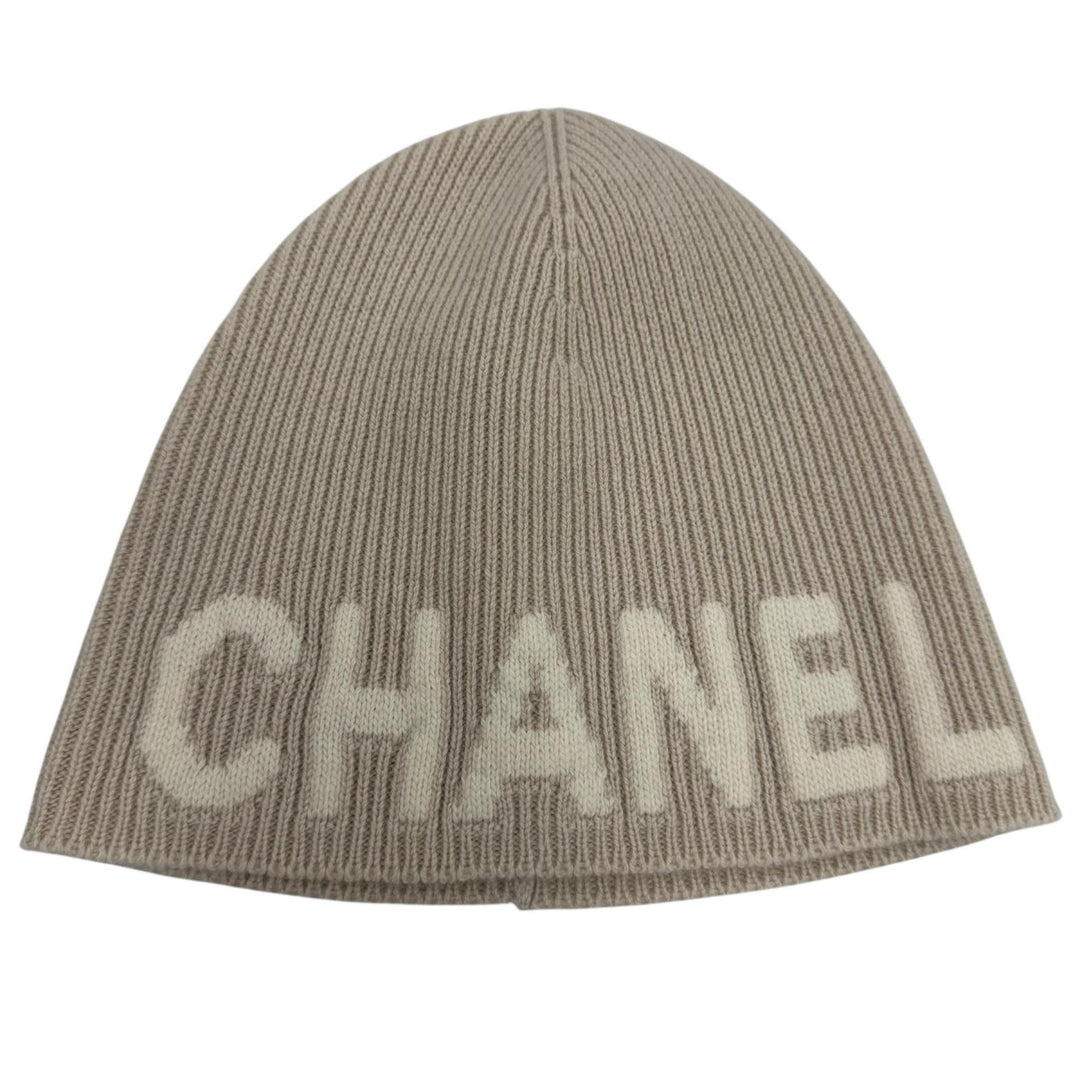 Excellent CHANEL Knit cap Logo Rib Knit Beanie beige cashmere Women