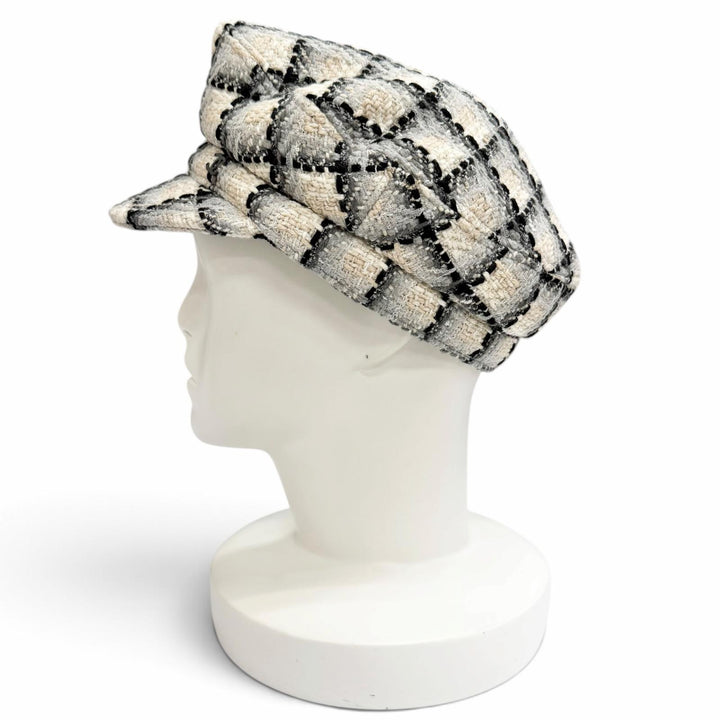 Very Good CHANEL COCO MarkMetal Check Pattern Tweed Casquette Hat beige M 22K