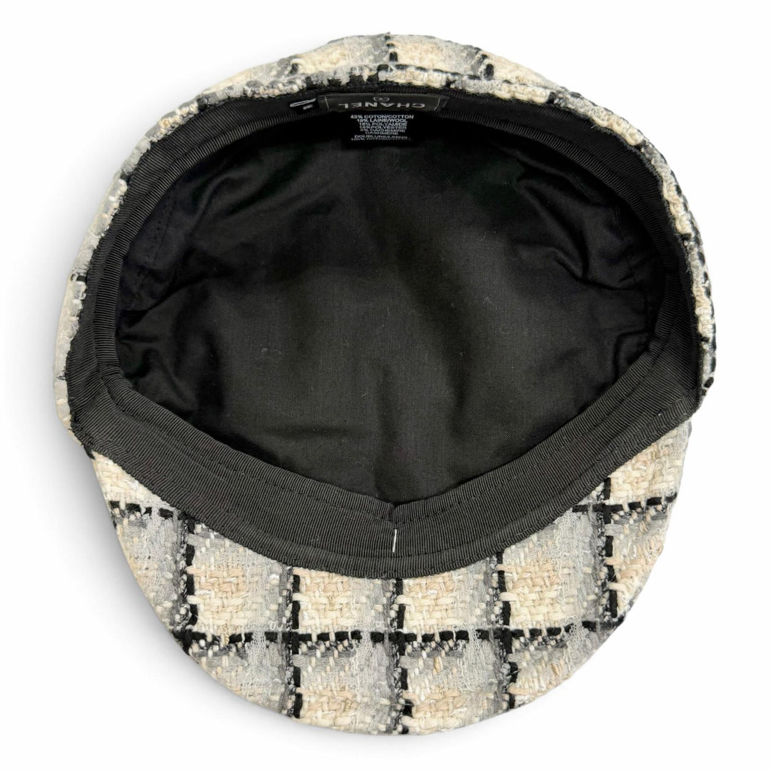 Very Good CHANEL COCO MarkMetal Check Pattern Tweed Casquette Hat beige M 22K