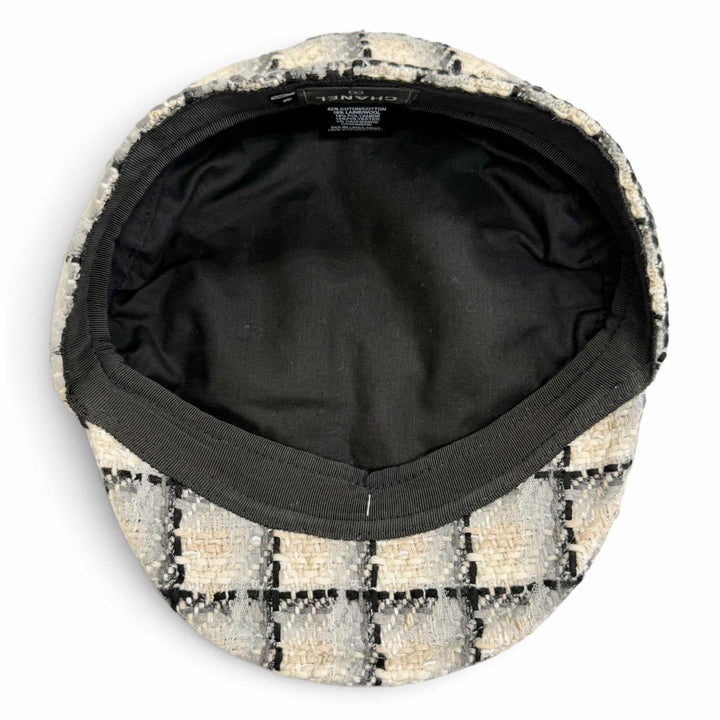 Very Good CHANEL COCO MarkMetal Check Pattern Tweed Casquette Hat beige M 22K